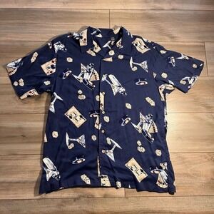 Hawaiian Card‎ and Martini Glass Navy Buttonup Men Large Bin J-39